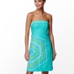 Lilly Pulitzer Bowen Strapless Dress Womens 0 Aqua Green Embroidered Cocktail